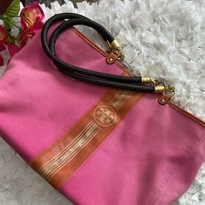 Tory Burch XL Canvas Pink Tote w/Braided Handles